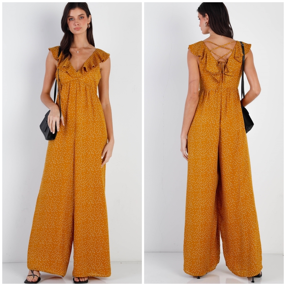 FEW LEFT❗️SUGAR + LIPS Mustard Ditsy Dots Wide Leg Jumpsuit - Picture 4 of 5